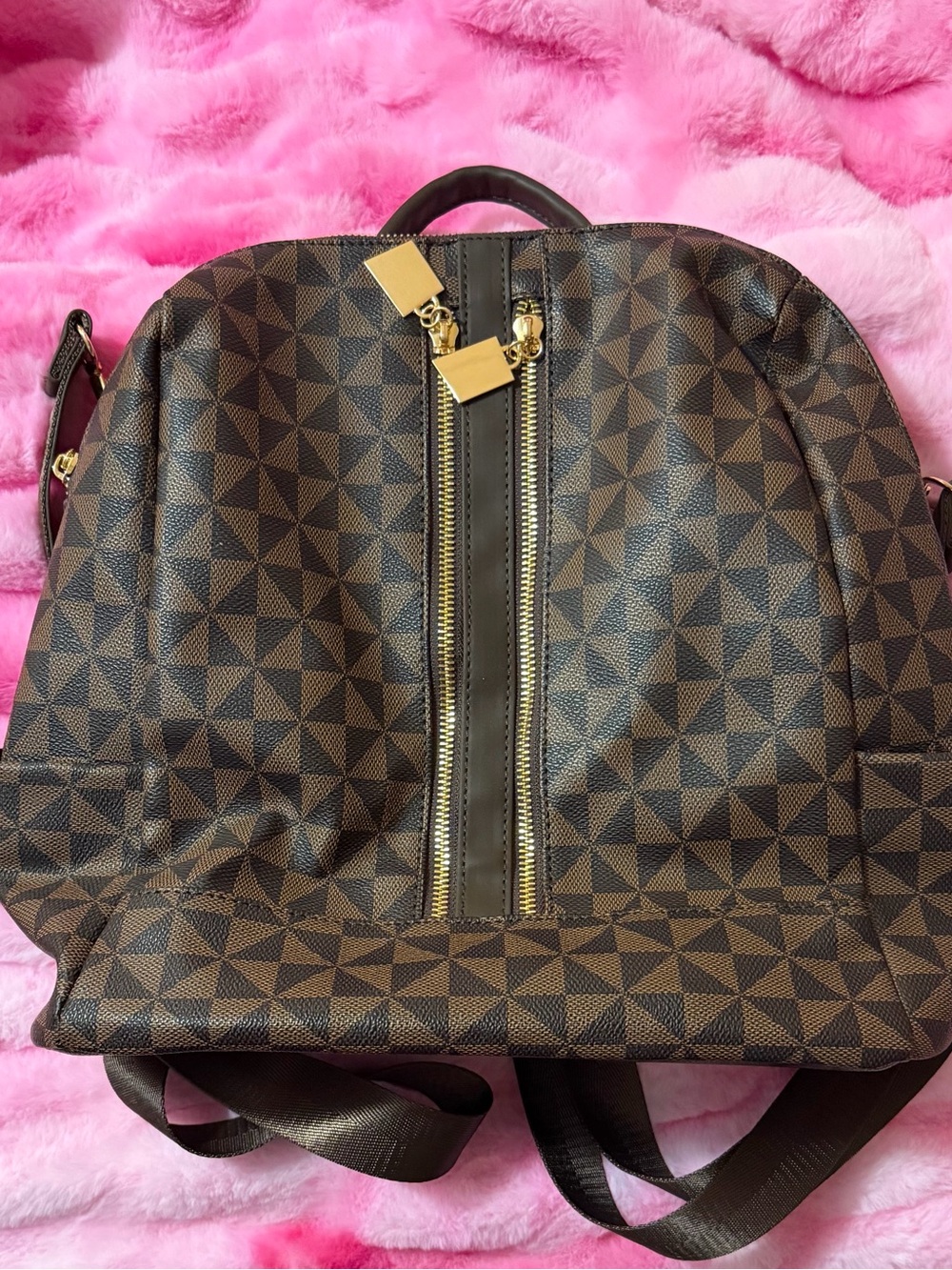 Brown Geometric Pattern Backpack with Gold Hardware